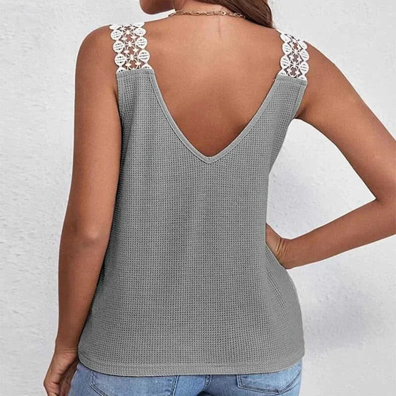 waffle knit fabric tank top | v-neck sleeveless summer top | lace trim vest top | energy saving