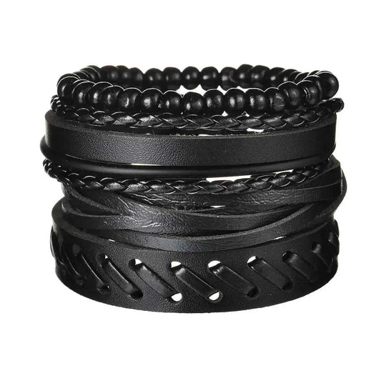 braided leather bracelet for men | vintage charm wood beads | adjustable wrap wristband | energy saving