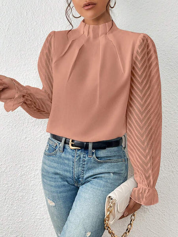 Women's Half-turtleneck Stitching Wavy Chiffon Long-sleeved Top Meifu Market