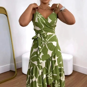 Elegance Women's Cross Collar Belt Floral Print Dress