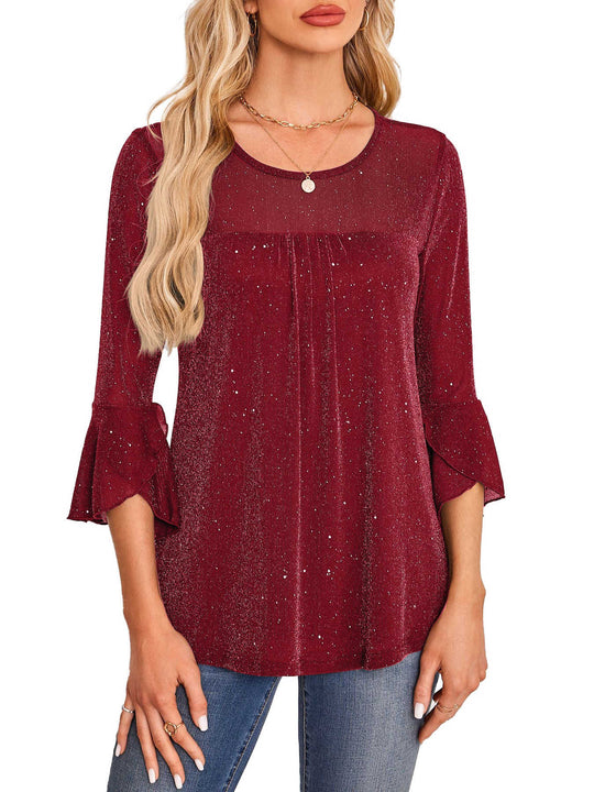 Women's Mesh Patchwork Ruched Flare-Sleeve Top - Meifu Market
