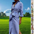 striped shirt dress with belt | half-sleeve button down dress | lapel collar cardigan dress | ultrasonic cleaning