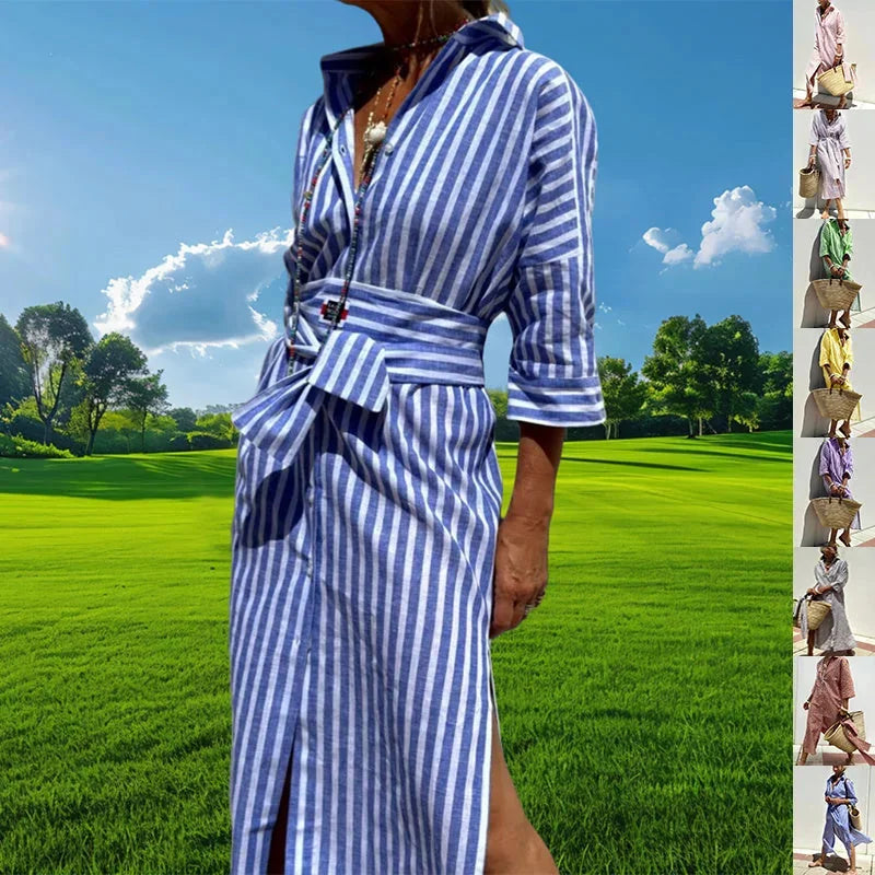 striped shirt dress with belt | half-sleeve button down dress | lapel collar cardigan dress | ultrasonic cleaning