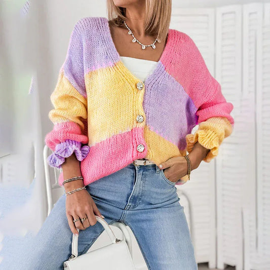 Women's Color Block V Neck Button Front Knit Cardigan Sweater Outerwear