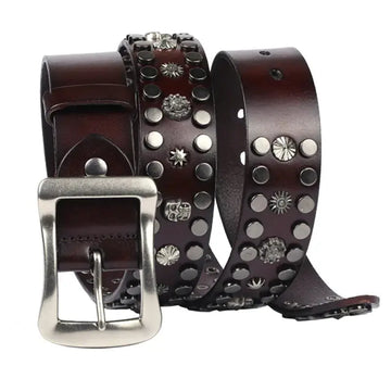 Men's Rivet Punk Genuine Leather Belt Nail Skull Head Japanese Buckle European And American Personalized Belt meifu market
