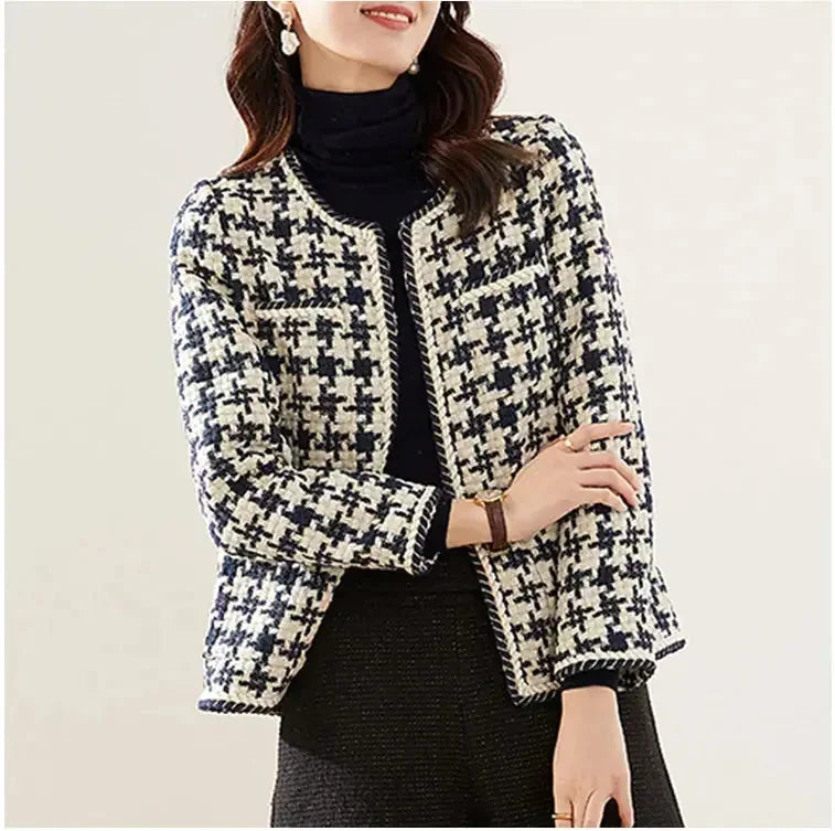 houndstooth blazer for women | petite wool blend jacket | cropped womens blazer | energy saving