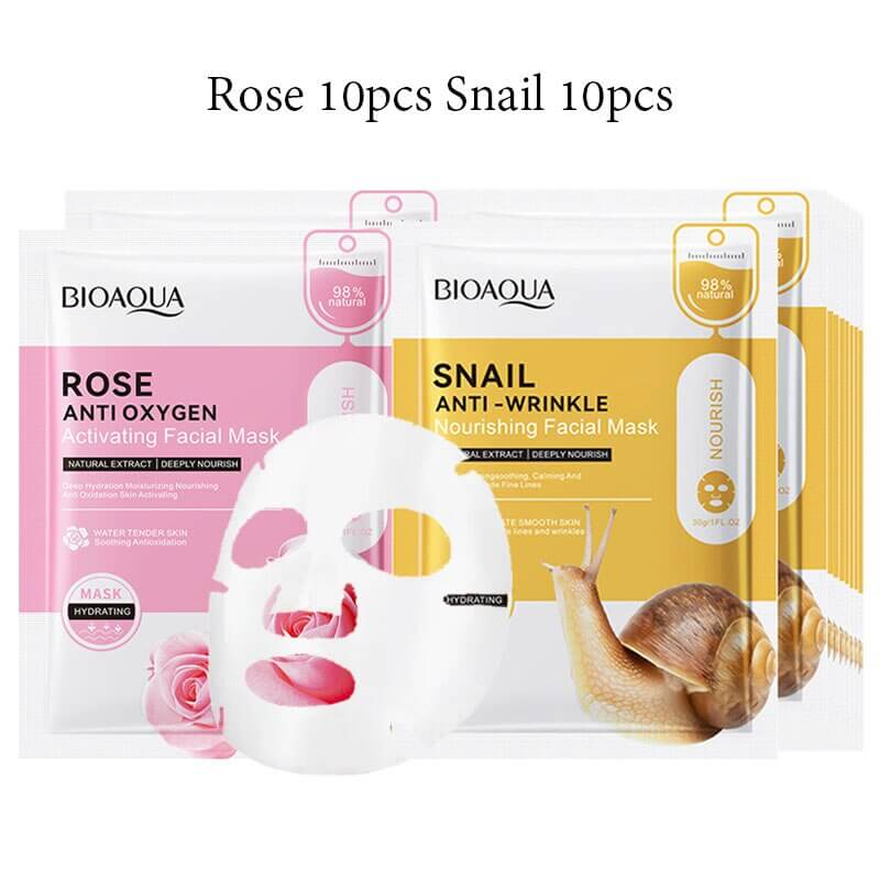 20pcs BIOAQUA Snail Hyaluronic Acid Face Mask skincare Moisturizing Anti Wrinkle Whitening Facial Masks Face Skin Care Products - Meifu Market