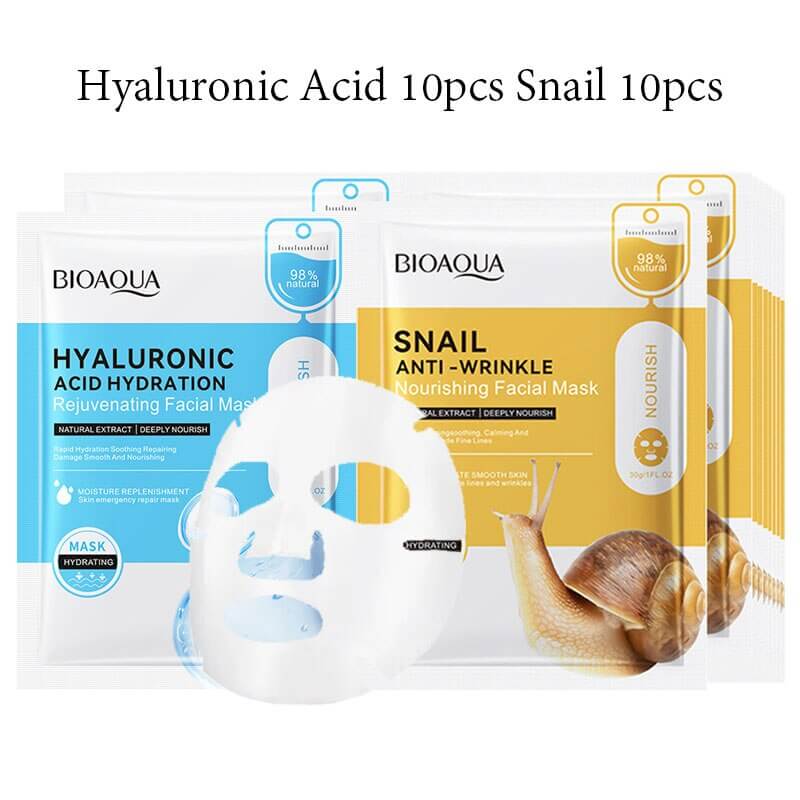 20pcs BIOAQUA Snail Hyaluronic Acid Face Mask skincare Moisturizing Anti Wrinkle Whitening Facial Masks Face Skin Care Products - Meifu Market