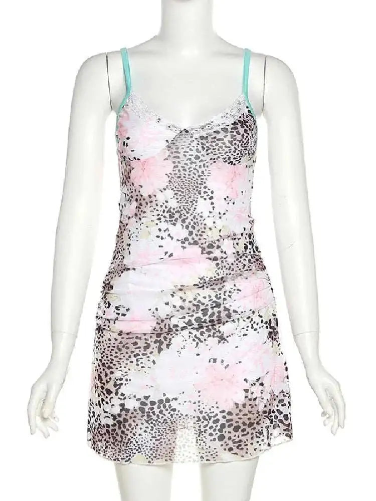 leopard print mesh fabric | v-neck mini dress | stretchy bodycon fit | ultrasonic cleaning