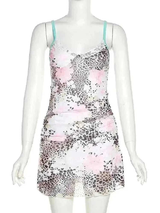 leopard print mesh fabric | v-neck mini dress | stretchy bodycon fit | energy saving