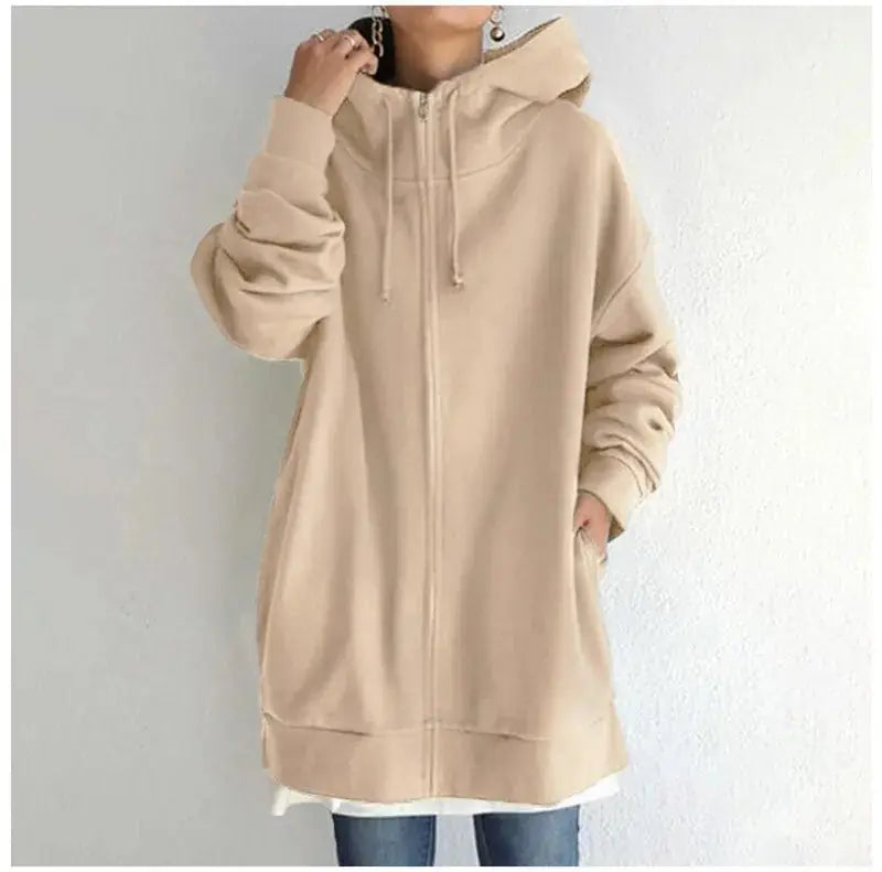 Oversized S-5XL Women Loose Hooded Coats Autumn Female Tie Collar Long Sleeve Zipper Up Add Velvet Long Sweatshirt Meifu Market
