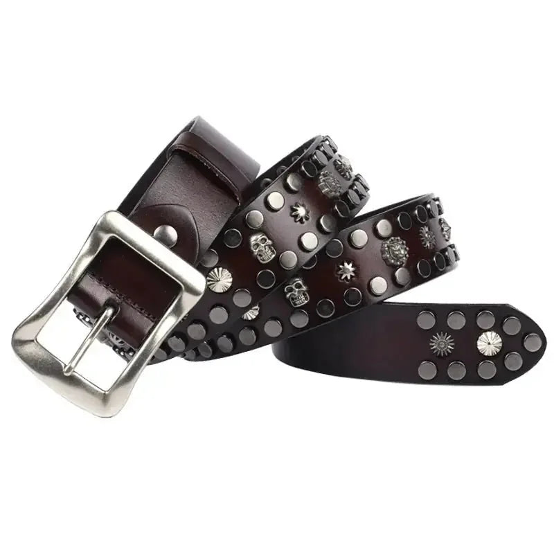 mens punk style leather belt | heavy duty belt for daily wear | adjustable belt with metal rivets | ultrasonic cleaning
