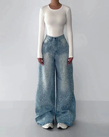 irregular rhinestone jeans | crystal embellished denim | distressed rhinestone pants | ultrasonic cleaning