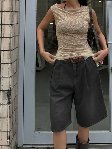 retro pleated denim shorts | wide leg denim shorts | straight cut denim shorts | ultrasonic cleaning