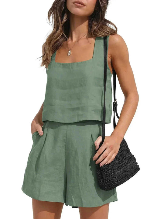 square neck top and shorts set | polyester spandex lounge set | summer casual two piece outfit | energy saving