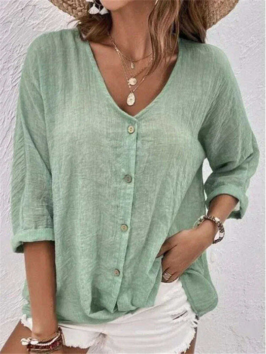 V-neck Long-sleeved T-shirt Fashion Solid Color Button Top Casual Loose Clothing For Women Meifu Market
