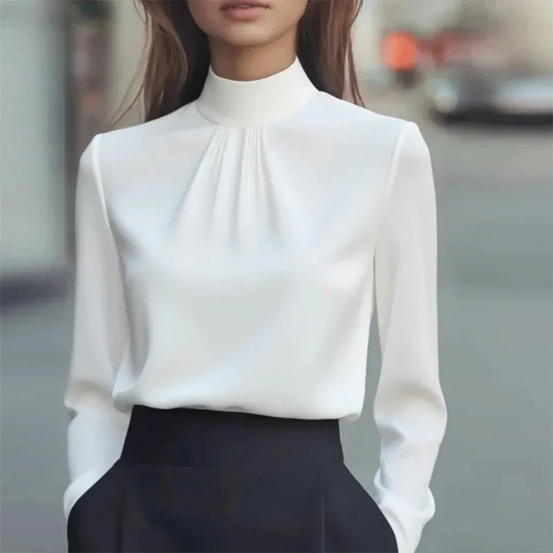 Women's Solid Color Long Sleeve Turtleneck Shirt, Pleated Detail Blouse For Office Wear And Formal Occasions Meifu Market