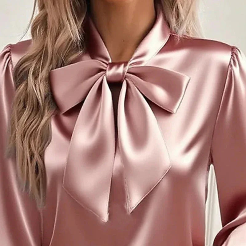 Women's Solid Color Satin Long Sleeve Casual Shirt With Bow Decor Blouse Spring Fall Daily Wear Top Meifu Market