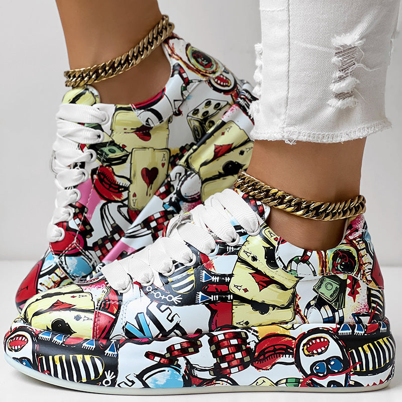 Women's Casual Round Toe Thick Sole Lace-Up Sneakers, Random Print Design, Comfortable Sporty Shoes For Daily Wear Meifu Market