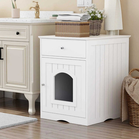 Cat Litter Box Enclosure - Wooden Furniture Side Table with Hidden Storage White - best wooden litter box enclosure with h...