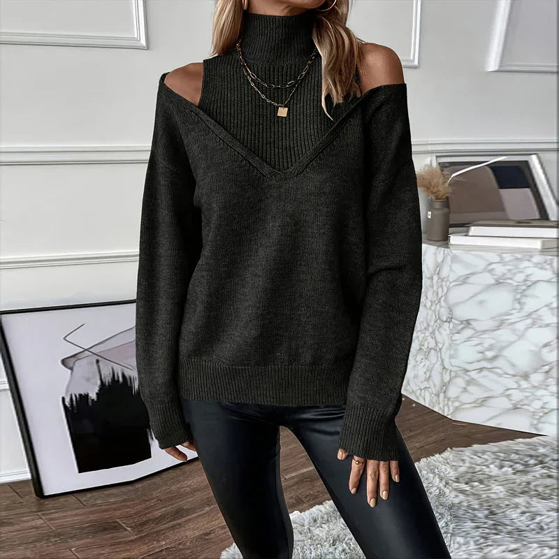 Women's Elegant Off-Shoulder Turtleneck Sweater, Solid Color Long Sleeve Knit Top For Autumn & Winter Meifu Market