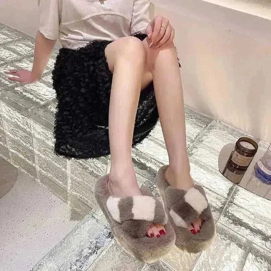 cross-strap fuzzy slippers | 5cm heel house shoes | plush indoor slippers women | energy saving