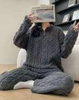 Autumn And Winter New Twist Zipper Couple Fleece-lined Thick Coral Fleece Pajamas Homewear Loungewear Sleepwear For Sleeping Meifu Market