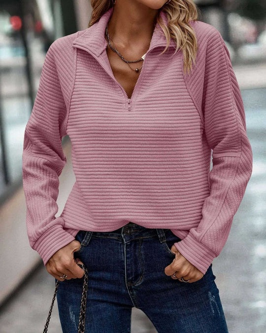 Zipper Stand Collar Pullover Sweatshirt Fashion Solid Striped Long Sleeve Top Spring And Autumn Women's Clothing Meifu Market