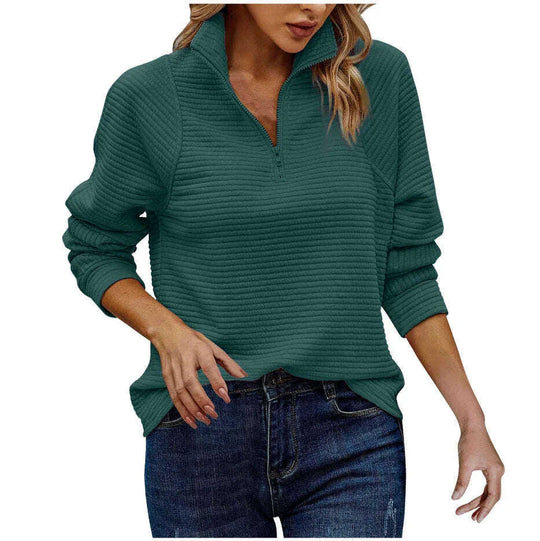 Zipper Stand Collar Pullover Sweatshirt Fashion Solid Striped Long Sleeve Top Spring And Autumn Women's Clothing Meifu Market