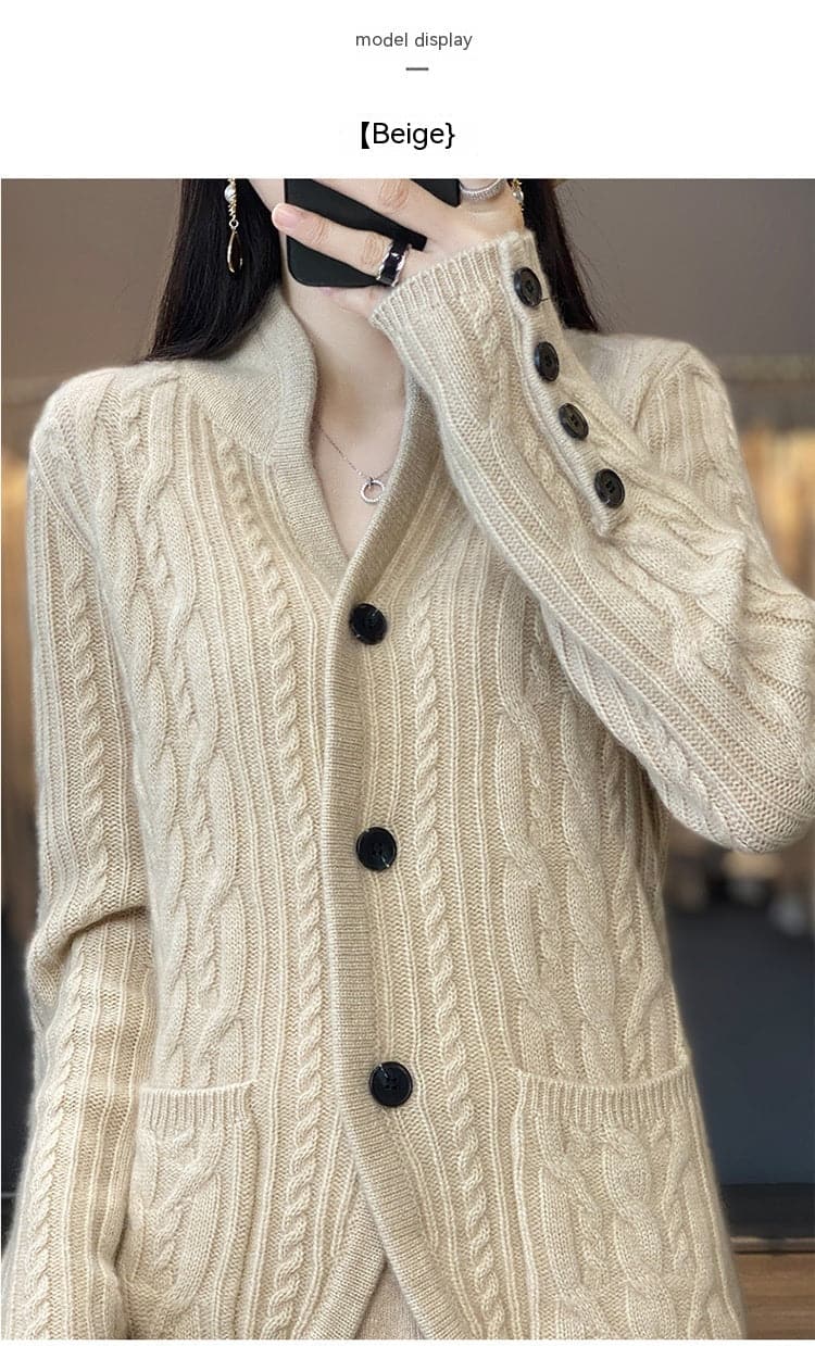 Pure Wool Cardigan Women's Stand Collar Outer Sweater Loose Knitted Coat