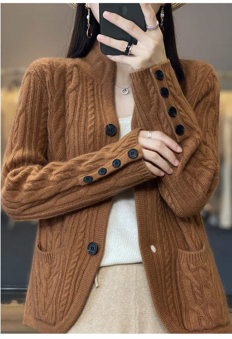 Pure Wool Cardigan Women's Stand Collar Outer Sweater Loose Knitted Coat Meifu Market