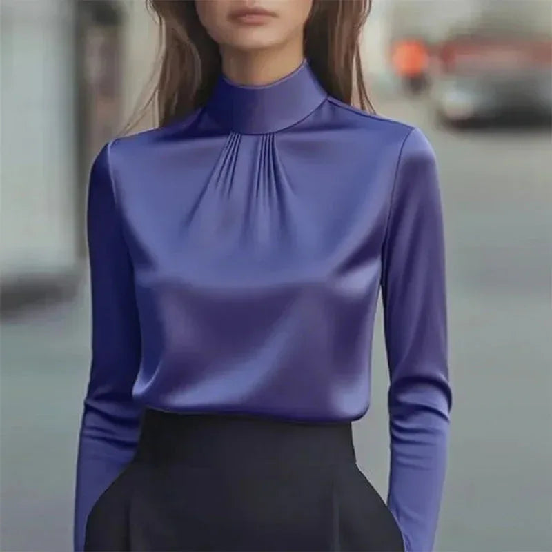 Women's Solid Color Long Sleeve Turtleneck Shirt, Pleated Detail Blouse For Office Wear And Formal Occasions Meifu Market