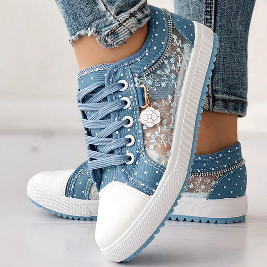 Floral Embroidered Polka Dot Print Sneakers