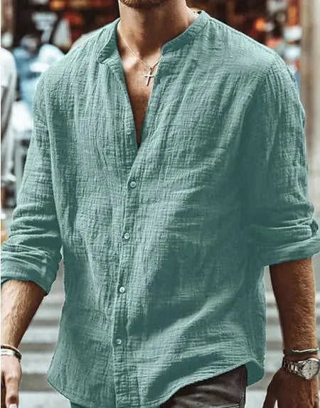 Men's Long Sleeve Shirt With Button Casual Solid Color Tops For Spring Autumn Gray - available style options