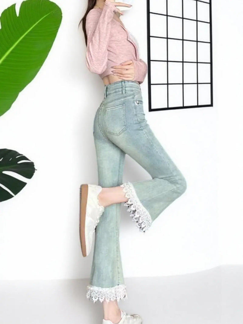 Jeans For Women, With Elastic Lace Lace And Lace Stitching, Micro Flared Jeans For Women In 2025, Small And Stylish Design, Light Blue Jeans For Women, Cropped Jeans For Women, Casual Pants For Women, Meifu Market