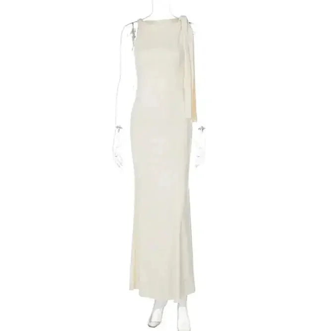 one shoulder evening dress | ribbon detail party dress | slim fit sleeveless dress | ultrasonic cleaning