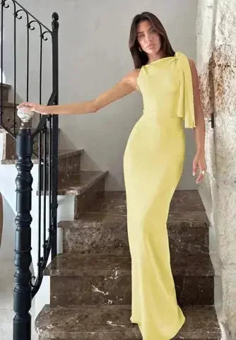 one shoulder evening dress | ribbon detail party dress | slim fit sleeveless dress | energy saving