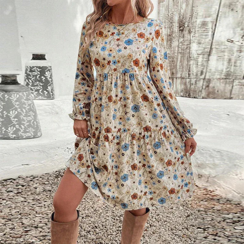 Women's Floral Print Boho Dress, Round Neck Smocked Cuff Sleeve Midi Dress With Patchwork Design For Spring And Fall Meifu Market