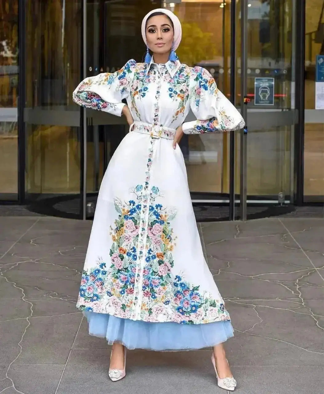 floral print maxi dress | puff sleeve lapel collar | button front long dress | ultrasonic cleaning
