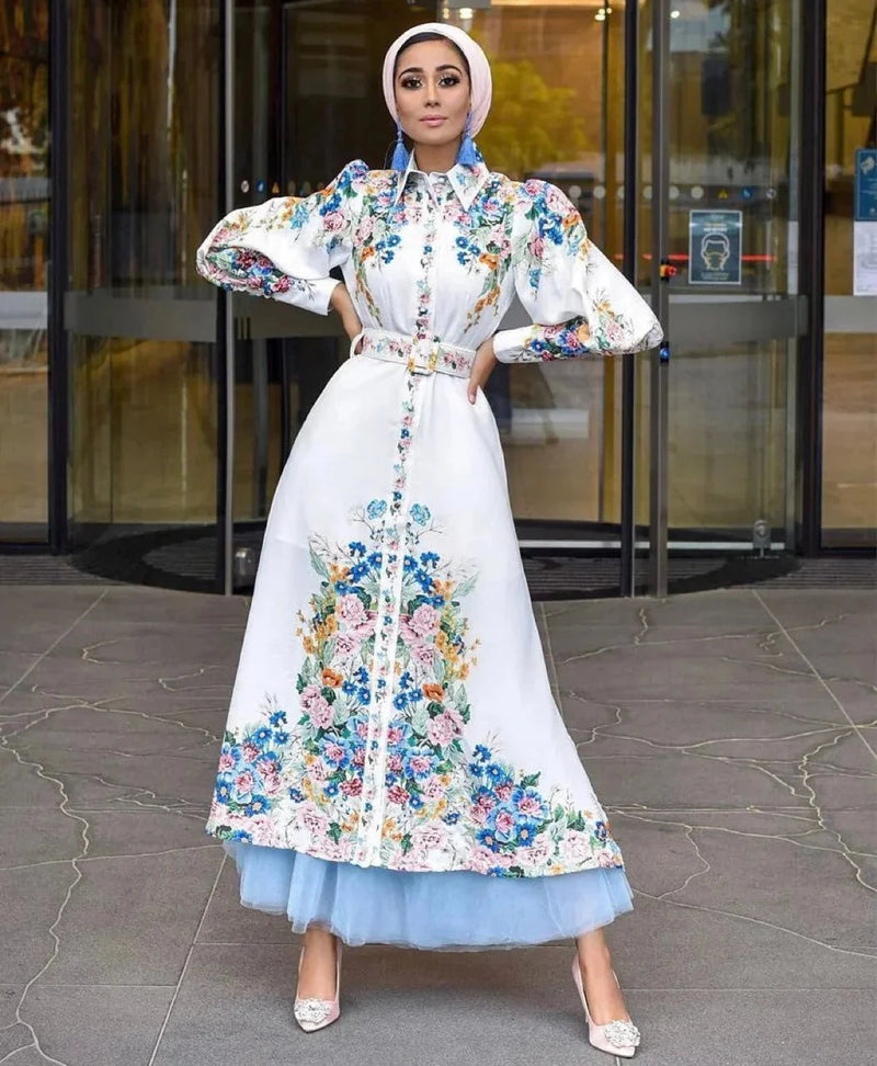 floral print maxi dress | puff sleeve lapel collar | button front long dress | ultrasonic cleaning