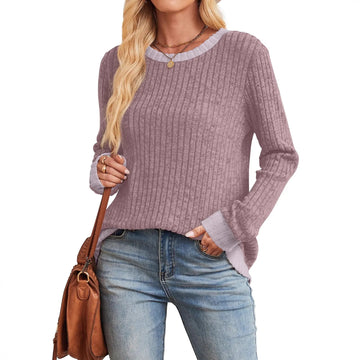 Color Matching Casual Round Neck Pullover Long Sleeve Top