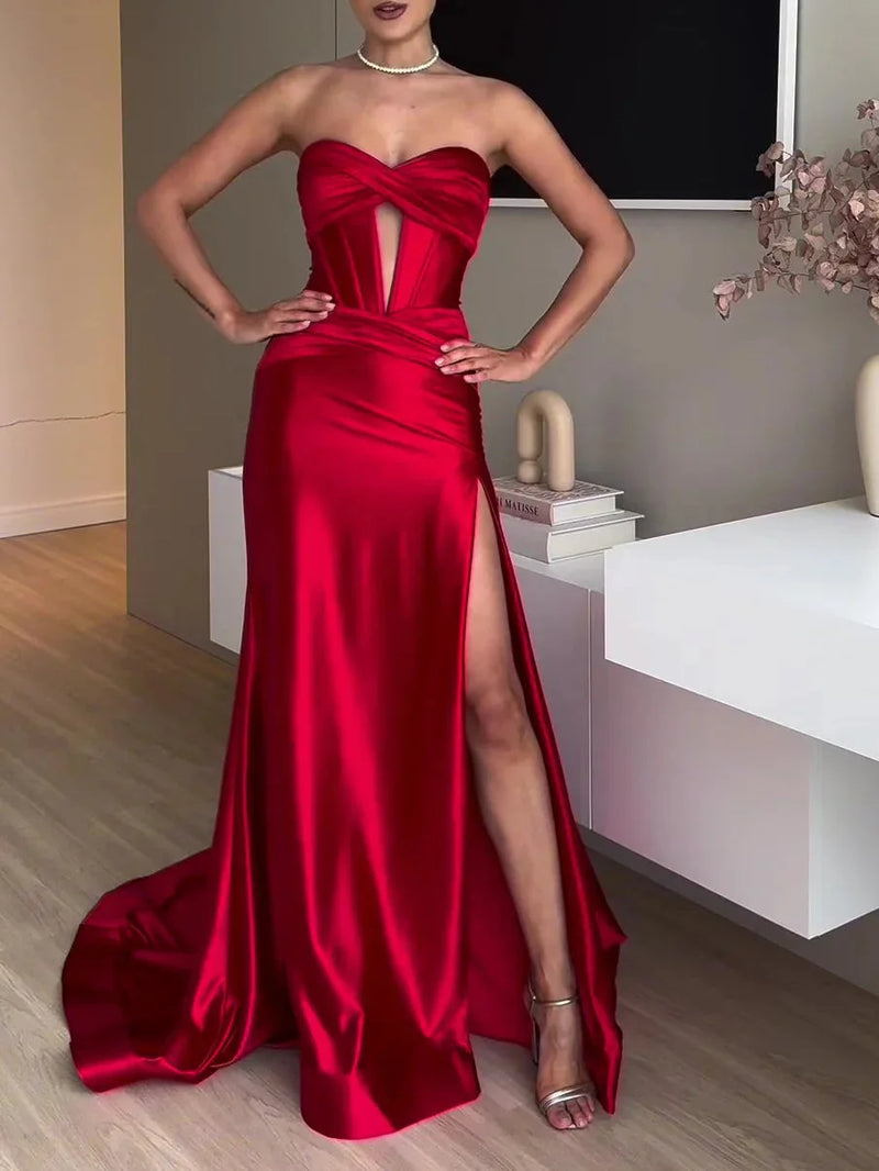 extra long slit evening dress | red tube top maxi dress | formal gown with thigh high slit | energy saving