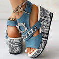 Newspaper Buckle Denim Wedge Slides - Anklet Not Included Meifu Market