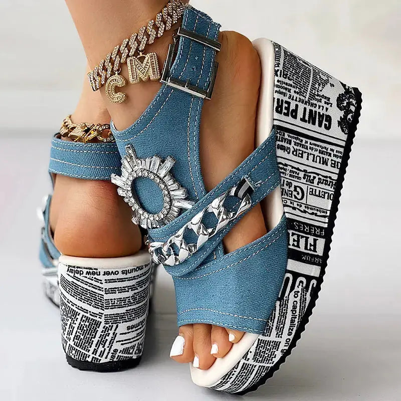 Newspaper Buckle Denim Wedge Slides - Anklet Not Included Meifu Market