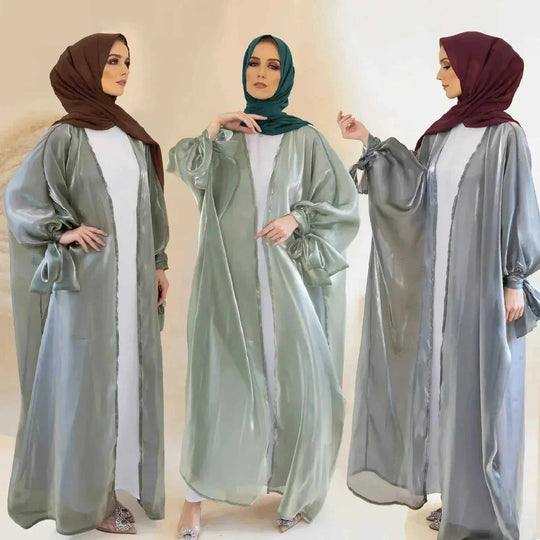 lace-up satin cardigan robe | open front abaya with bow | lily satin kimono robe | energy saving