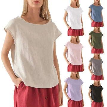 European And American New Linen Casual Loose Short Sleeves T-shirt Solid Color Round Neck Top