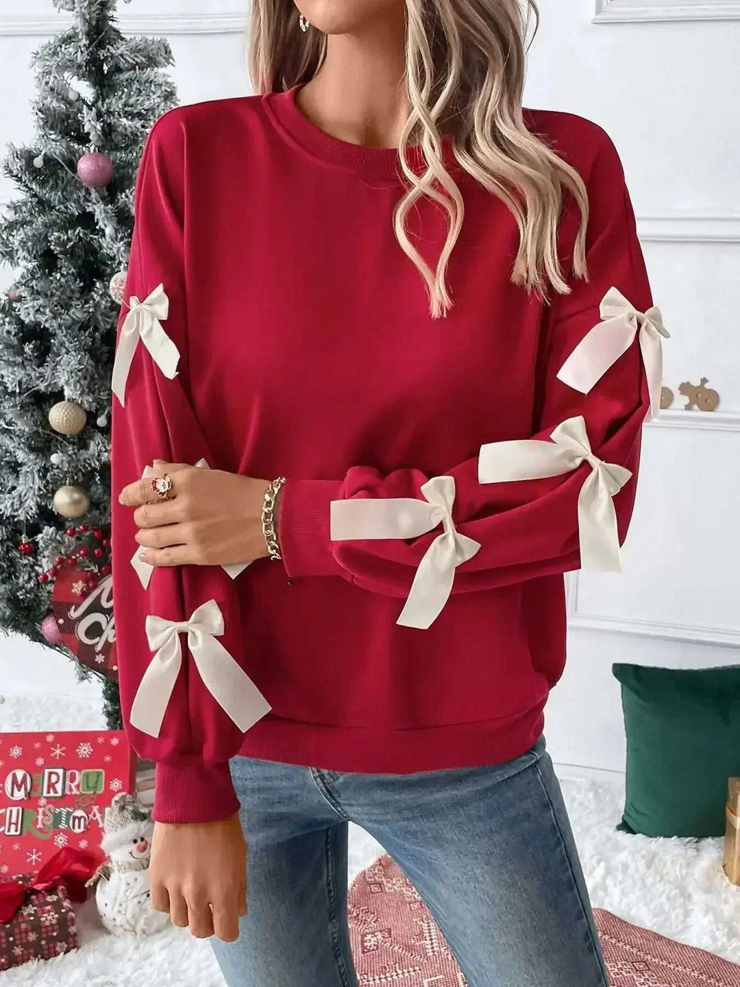 Hemp Bundle Pocket Round Neck Bow Red Christmas Sweater Girl Meifu Market