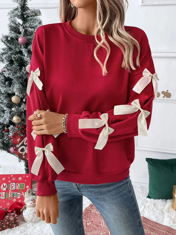 Hemp Bundle Pocket Round Neck Bow Red Christmas Sweater Girl Meifu Market