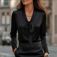 Women's Elegant Satin Blouse, Long Sleeve Button Down Shirt With Ribbon Detail For Office Work Meifu Market