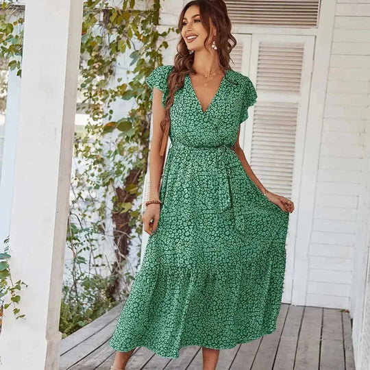 ruffle cap sleeve dress | v-neck wrap belt dress | boho floral maxi dress | ultrasonic cleaning